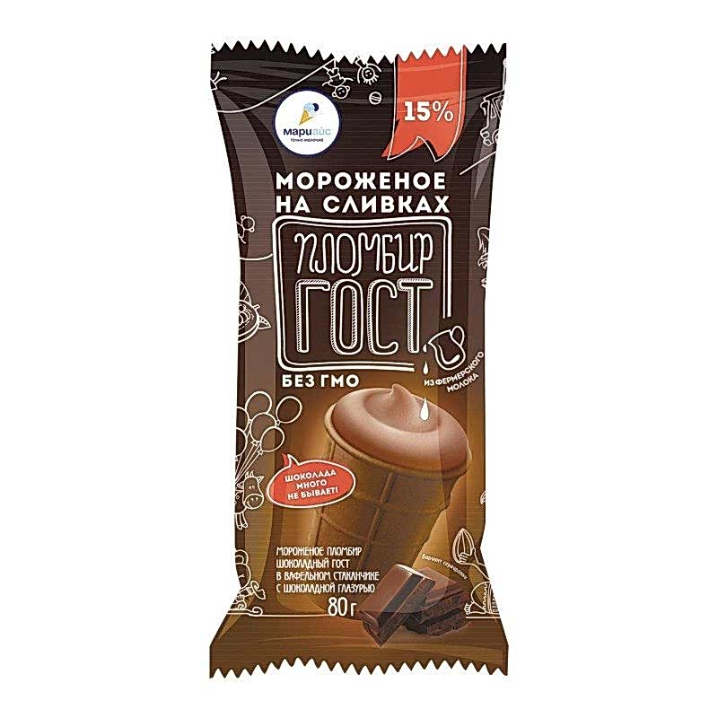 Мороженое пломбир шоколадное с шок. глазурью в ваф.ст. 15% ГОСТ, 80 гр