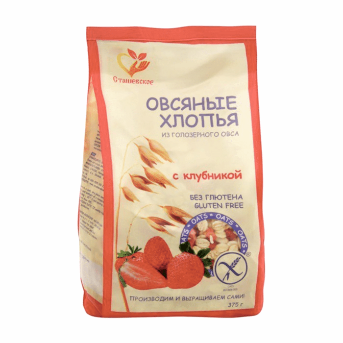Хлопья овсяные из голозерного овса с Клубникой без глютена, 375 г