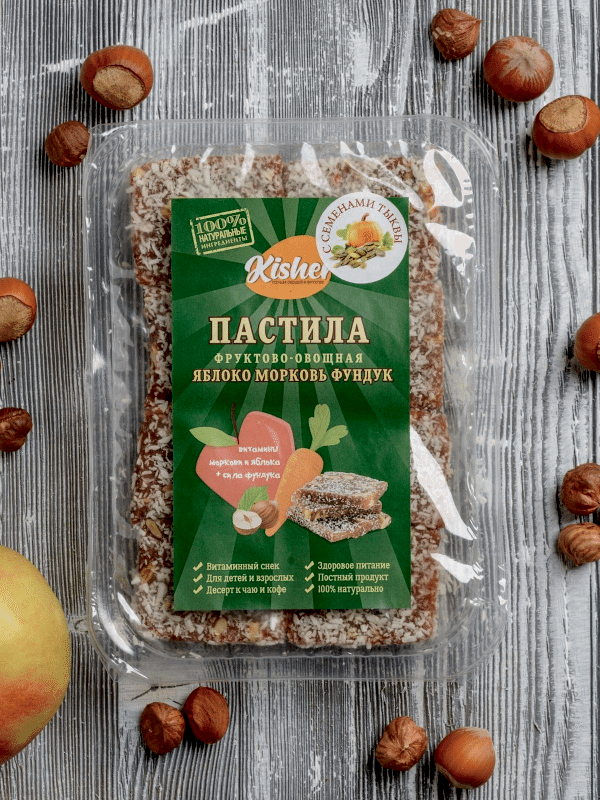 Пастила kisher яблоко, морковь, фундук с семенами тыквы и кокосом, 100 г
